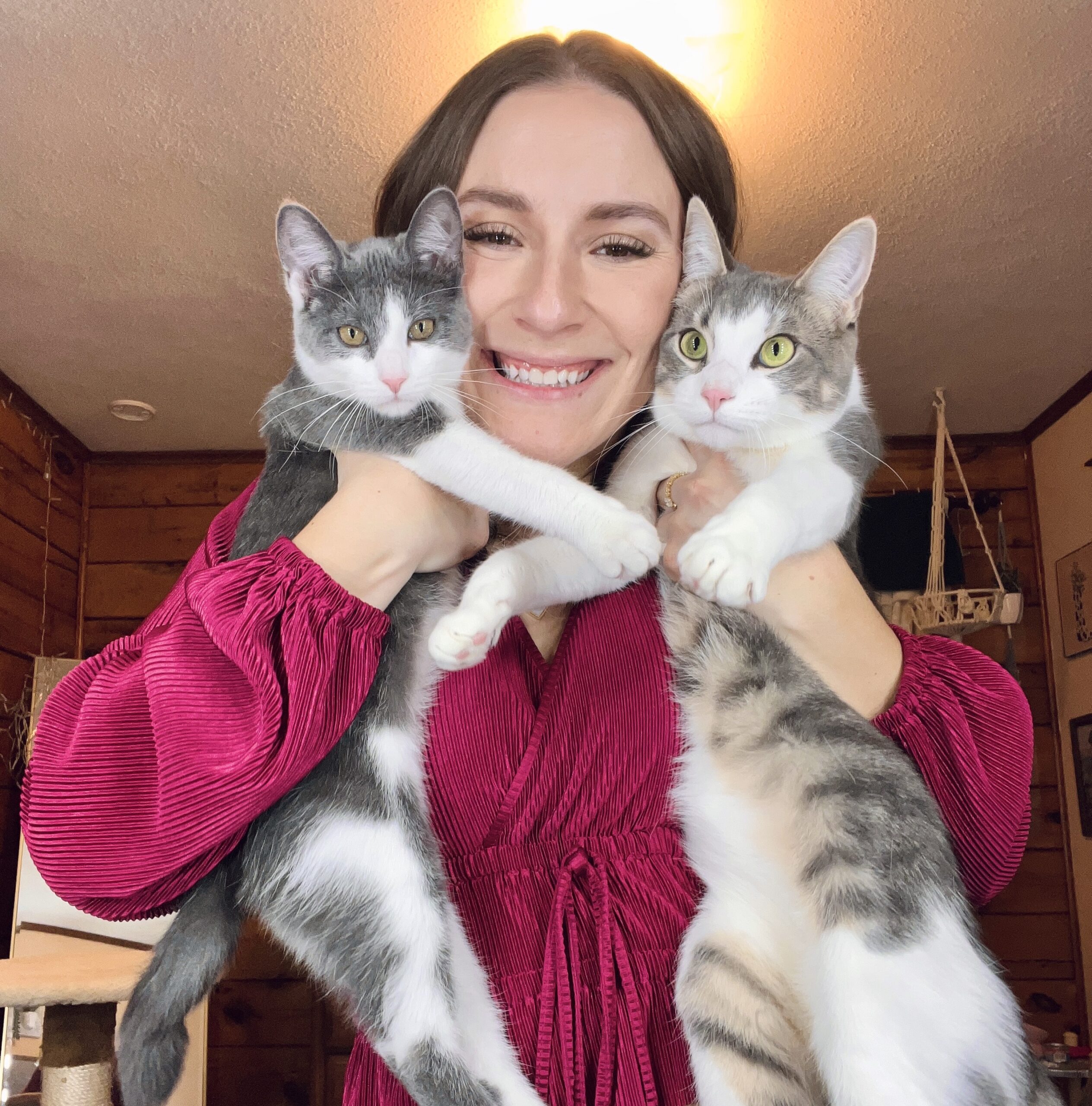 Jess with cats Lenny and Taffy